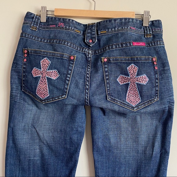 Rock & Roll Cowgirl Denim - Rock & Roll Cowgirl Low Rise Bootcut Jeans Bling Cross Pockets Pink Sz 30x36